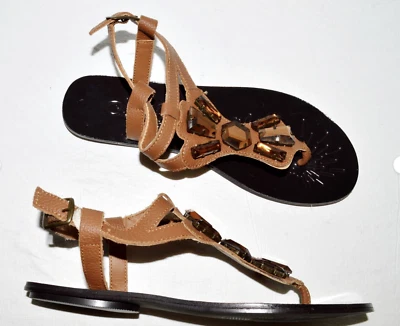 NAUGHTY MONKEY NEW 8 M BROWN LEATHER STONE DECOR FLAT GLADIATOR SANDALS Thong - Image 1 of 4