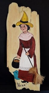 Folk Art Halloween WITCH HEXA Vintage OoaK Signed 1979 Wall Old Wood Board 18"+! - Picture 1 of 12