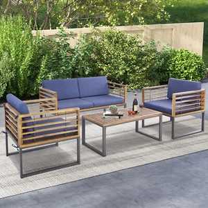 4PCS Acacia Wood Patio Conversation Set?Outdoor Furniture Set w/ Navy Cushions - Picture 1 of 6