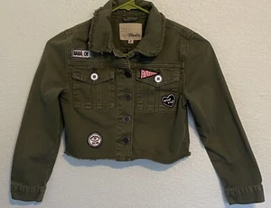 Girl's Maddie LS Frayed Cropped Denim Jacket w/ applique Army Green Size M - Picture 1 of 5