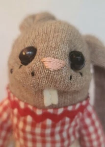 Retro 1970s Adorable Handmade Tan Sock Bunny Folk Art Red Gingham Dress W/ Apron - Picture 1 of 9