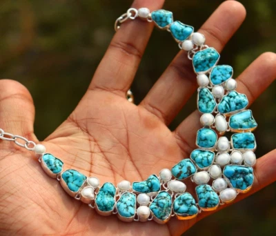 Collar de plata de ley maciza hecha a mano con piedras preciosas turquesa tibetana talla 18" Foto 1 de 4