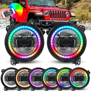 Pair 9 INCH RGB Halo LED Headlights DRL For 2018+ Jeep Wrangler JL Gladiator JT - Imagen 1 de 16