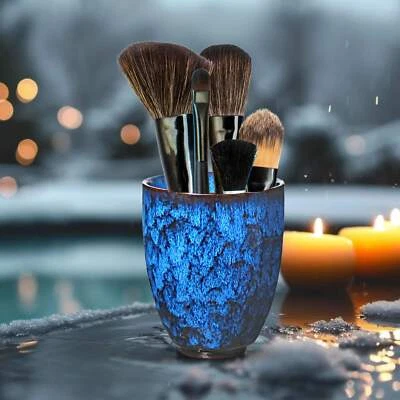 Vaso de encimera de baño cepillo de dientes de cerámica y soporte para cepillo de maquillaje, azul/pequeño Foto 1 de 4