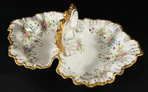Antique German Porcelain Divided Lobster Nut Bon Bon Dish Ruffled Edge Gold Gilt - Picture 1 of 12