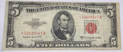 1953 B $5 Five Dollar United States Washington DC Red Seal STAR Note Bill - Image 1 of 2