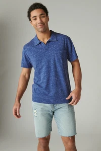 Lucky Brand Linen Blend Polo Shirt Medium Blue Depths Johnny Collar Slim Fit NWT - Picture 1 of 11
