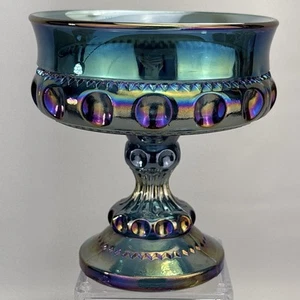 KINGS CROWN Indiana Carnival Glass Candy Dish Bowl Compote Blue Iridescent Vtg - Picture 1 of 8