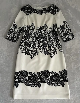 Adrianna Papell Sheath Dress Sz8 Cream Black Scroll Lace Cocktail Event Demure - Image 1 of 4
