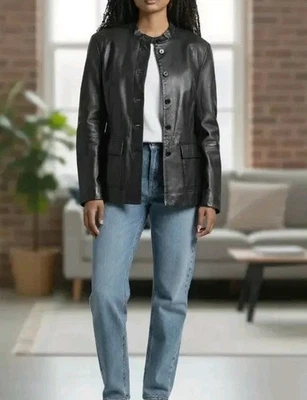 Chaqueta de Cuero Newport News Y2K L Negra Botón Oculto Peplum Midi Motociclista Preppy Foto 1 de 4