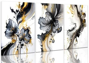 Framed Black and Gold Wall Art Set of 3, Marble Texture Pictures Wall Decor G... - Picture 1 of 6
