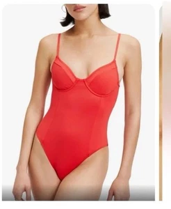 Good American Plunge One Piece Swimsuit Bright Poppy Red Sz 0 $98 - Picture 1 of 5
