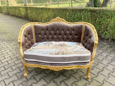 Sofá sofá francés Luis XVI Corbeille marco de haya dorado con tapicería de terciopelo Foto 1 de 4