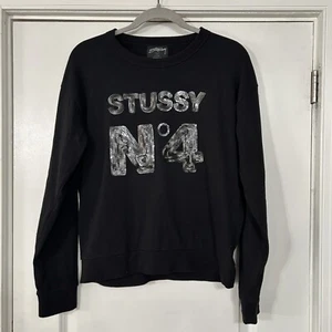 VTG Stussy No. 4 Crewneck Sweatshirt Women’s M Sequin Logo Black Cotton Blend - Picture 1 of 11