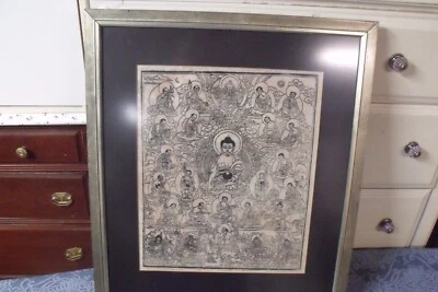 ANTIQUE 19TH CENTURY 14" BY 17" PARCHMENT CHINESE IMMORTALS WOOD BLOCK PRINT - Image 1 of 4