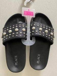 Children's Place Slides Sandals Shoes BLACK with Pearls Silver Studs Size 1 NWT - Picture 1 of 3
