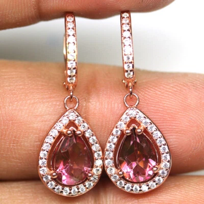 925 Sterling Silver 6 x 9 mm. Pink Mystic Topaz & Zircon Earrings Dainty - Image 1 of 4