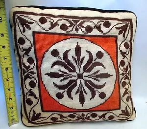 Vintage Hand Embroidered Needlepoint PILLOW CUSHION Botanical Velvet Back 12" - Picture 1 of 5