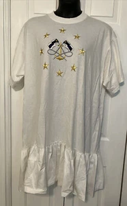 Vtg T Shirt Dress White Nautical Gold Stars Flags OSFA XL 1X SIngle Stitch - Picture 1 of 5