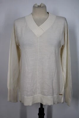 Donna Karan NY M Ivory Wool Blend V-Neck Hi-Low Sweater - Image 1 of 4
