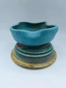2 Studio Art Pottery Small Bowls Hand Thrown Blue Tan Rustic Both Artist Signed - Picture 1 of 12