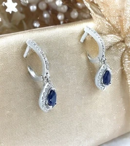 Diamond Sapphire Earring Drops 18ct White Gold Lever back - 4.7grams - Picture 1 of 6