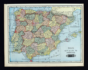 1901 Tunison Map Spain Portugal Madrid Lisbon Toledo Seville Granada Braga Porto