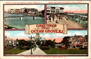 Vintage 1920's Bathing Scene Greetings From Ocean Grove New Jersey NJ Postcard - Picture 1 of 2