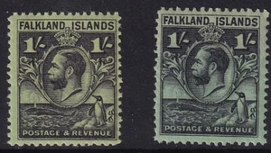 FALKLAND ISLANDS SG 122 + 122a 1929 1/- SHADES FROM THE WHALE & PENGUIN SET M/M - Picture 1 of 2