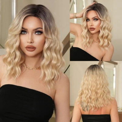 Long Wave Ombre Blond Wigs Short Curly Human Hair Lace Front Wigs Pre Plucked - Image 1 of 4