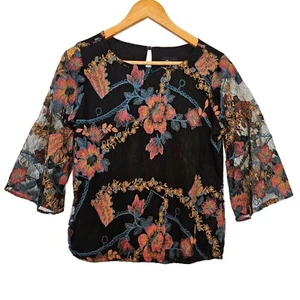 Beige by Eci Size Small, Black Mesh Top Embroidery Whimsigoth Boho - Picture 1 of 8