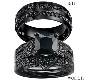Couple Rings Sterling Silver Black CZ Mens Ring Band Women's Wedding Ring Sets