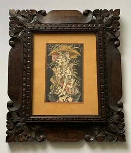 VINTAGE BALINESE ORIGINAL HAND PAINTING WITH CARVED ORATE WOOD FRAME. SIGNED. - Picture 1 of 6