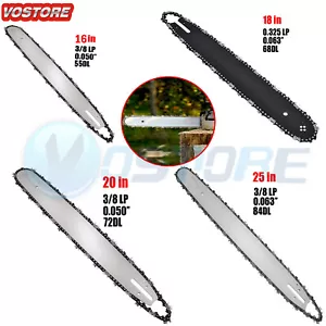 16'' 18'' 20" 25'' Chainsaw Guide Bar Saw Chain Blade Kit 3/8" .050".063'' Gauge - Picture 1 of 34