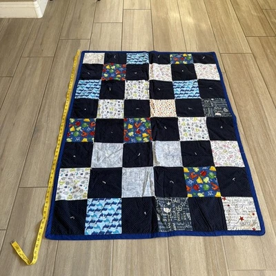 Boys Handmade Quilted Baby Blanket In Blue Hues VTG 52X 38 - Image 1 of 4