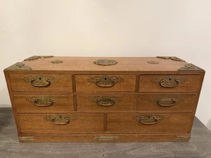 Vintage Japanische Teak Tansu Schmuck Aufbewahrungsbox Truhe Messing Akzente 8 Schubladen - Bild 1 von 22