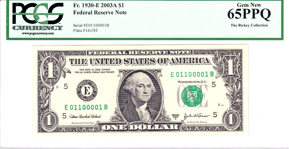 2003-A $1 FRN PCGS Gem New 65PPQ Fancy TRUE 0/1 BINARY Serial #E01100001B - Image 1 of 2