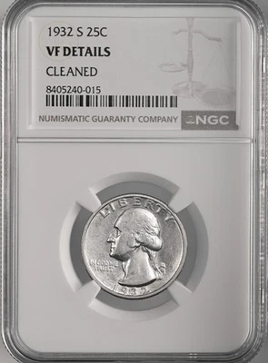 1932-S 25C WASHINGTON SILVER QUARTER DENVER NGC VF DETAILS "CLEANED" 8405240-015 - Image 1 of 4