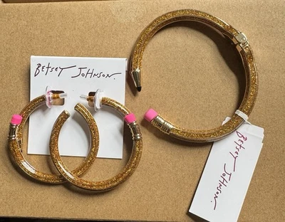 New! Betsey Johnson Gold Glitter Pencil Earrings & Bracelet Set Teacher School - Image 1 of 2