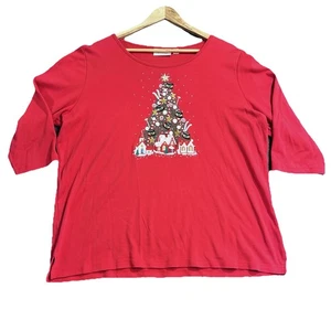 Quacker Factory Top Red Christmas Tree Holiday Village Sequins Embroidered - Picture 1 of 10