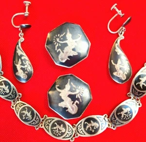SET 3 pcs VINTAGE AMFARCO SIAM STERLING SILVER .925 BRACELET 2 PAIRS EARRINGS - Picture 1 of 12