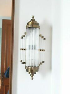 Vintage Old Art Deco Brass & Glass Rod Ship Light Fixture Wall Sconces Lamp