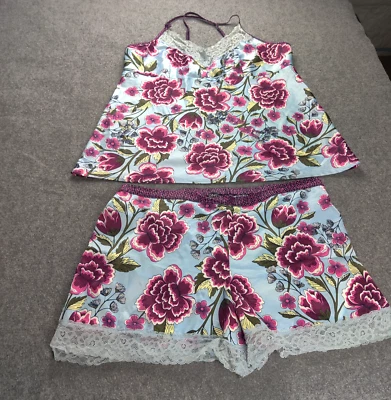 Jones New York Pajama Set Woman Medium Blue Satin Pink Floral  Shorts Lace Sexy - Image 1 of 4