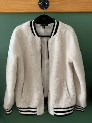 Forever 21 Sherpa Ivory w/ Black Stripe Women’s Bomber Jacket size M - Image 1 of 4