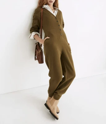 Madewell Betterterry Desert Moss V-Neck Button Front Coverall Jumpsuit Sz L - Image 1 of 4