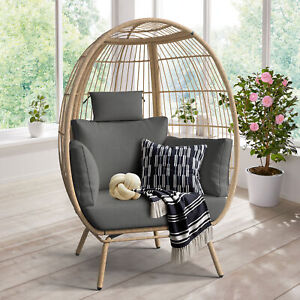 Patio Wicker Basket Oversized Lounger Teardrop Egg Chair with Stand Cushion Gray