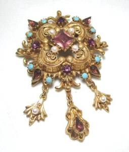 FLORENZA Renaissance Revival Pendant Pin w Glass / Faux Pearls 22.7 grams - Picture 1 of 4
