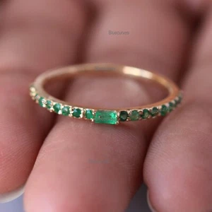3x1.5mm Baguette & Round Emerald Half Eternity Stacking Band Ring14k Yellow Gold - Picture 1 of 9