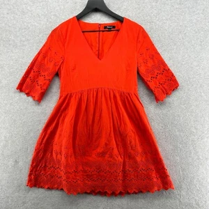 Madewell Dress Womens Size 2 Red Fit Flare Knee Short Sleeve Lace Overlay V Neck - Picture 1 of 11