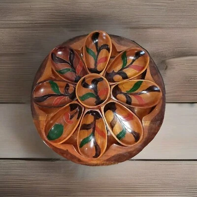 VTG MCM Hand Carved Painted Wood Lazy Susan Server 9 Bowls monkey pod Tiki Snack - Image 1 of 4